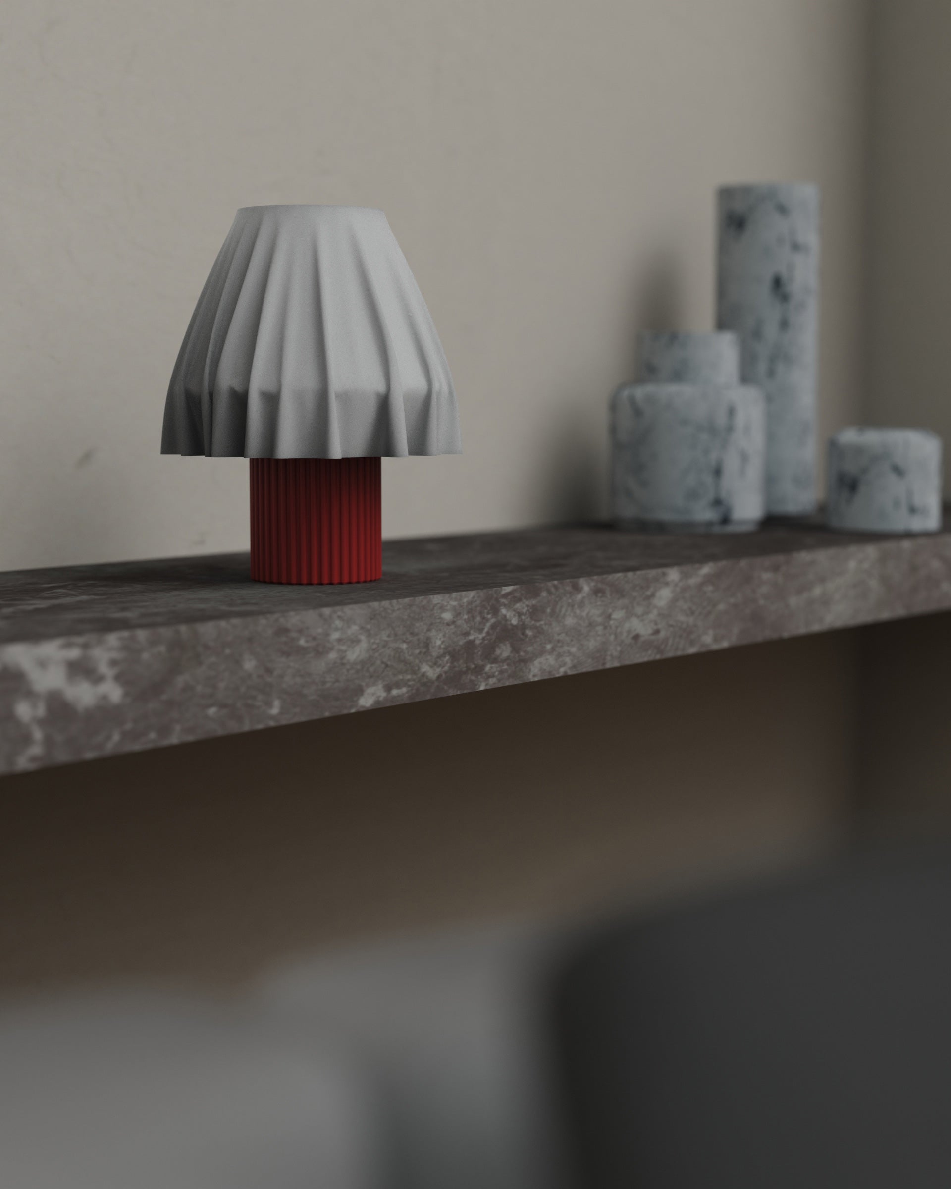The Volute - Ardent table lamp by Mouchoir, featuring a digital craft design mimicking frozen silk fabric on a marble surface.