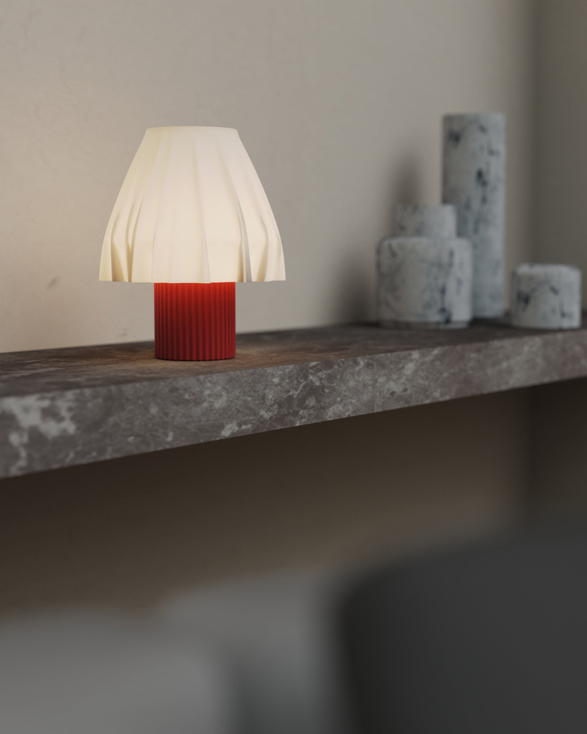 The Volute - Ardent table lamp by Mouchoir, featuring a digital craft design mimicking frozen silk fabric on a marble surface.