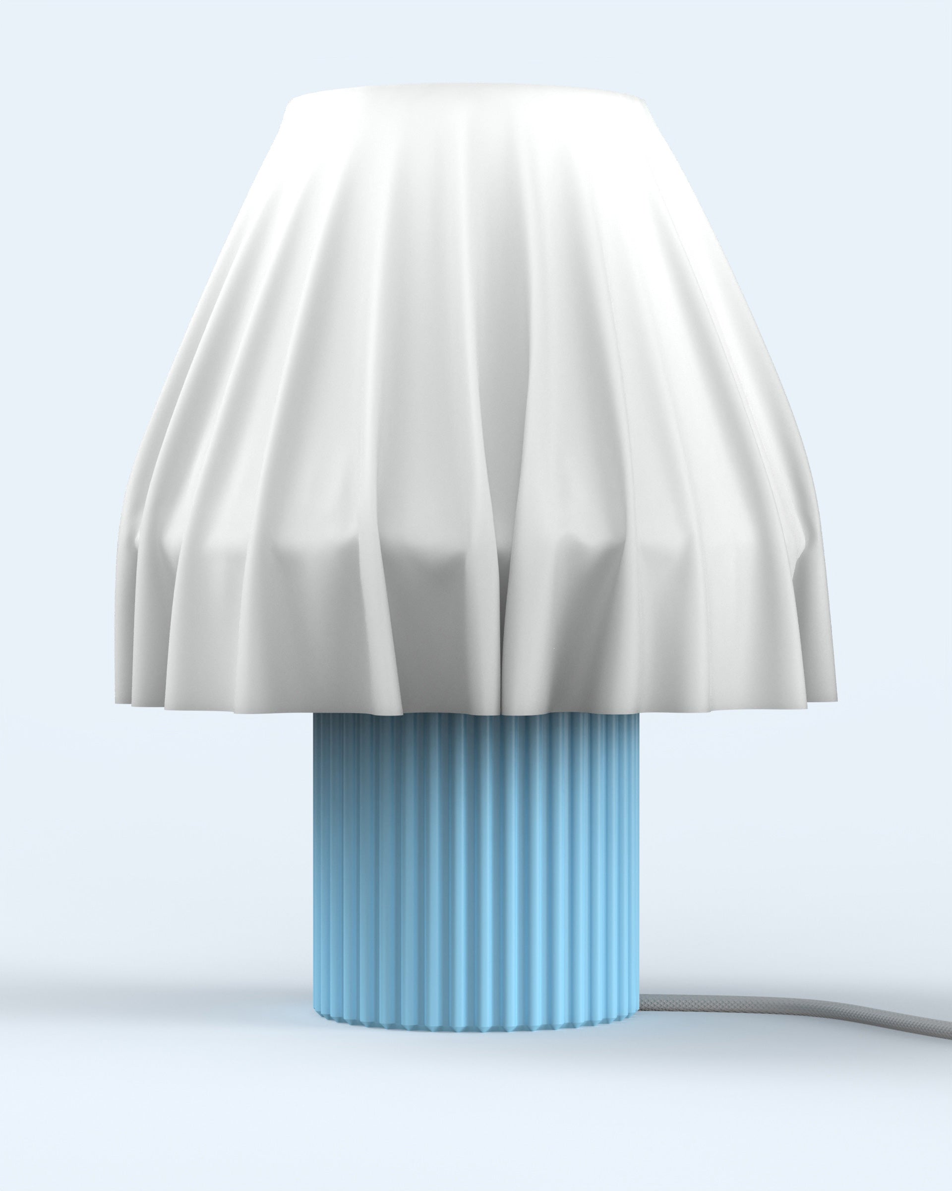 The Volute - Azur table lamp by Mouchoir, featuring a digital craft design mimicking frozen silk fabric.