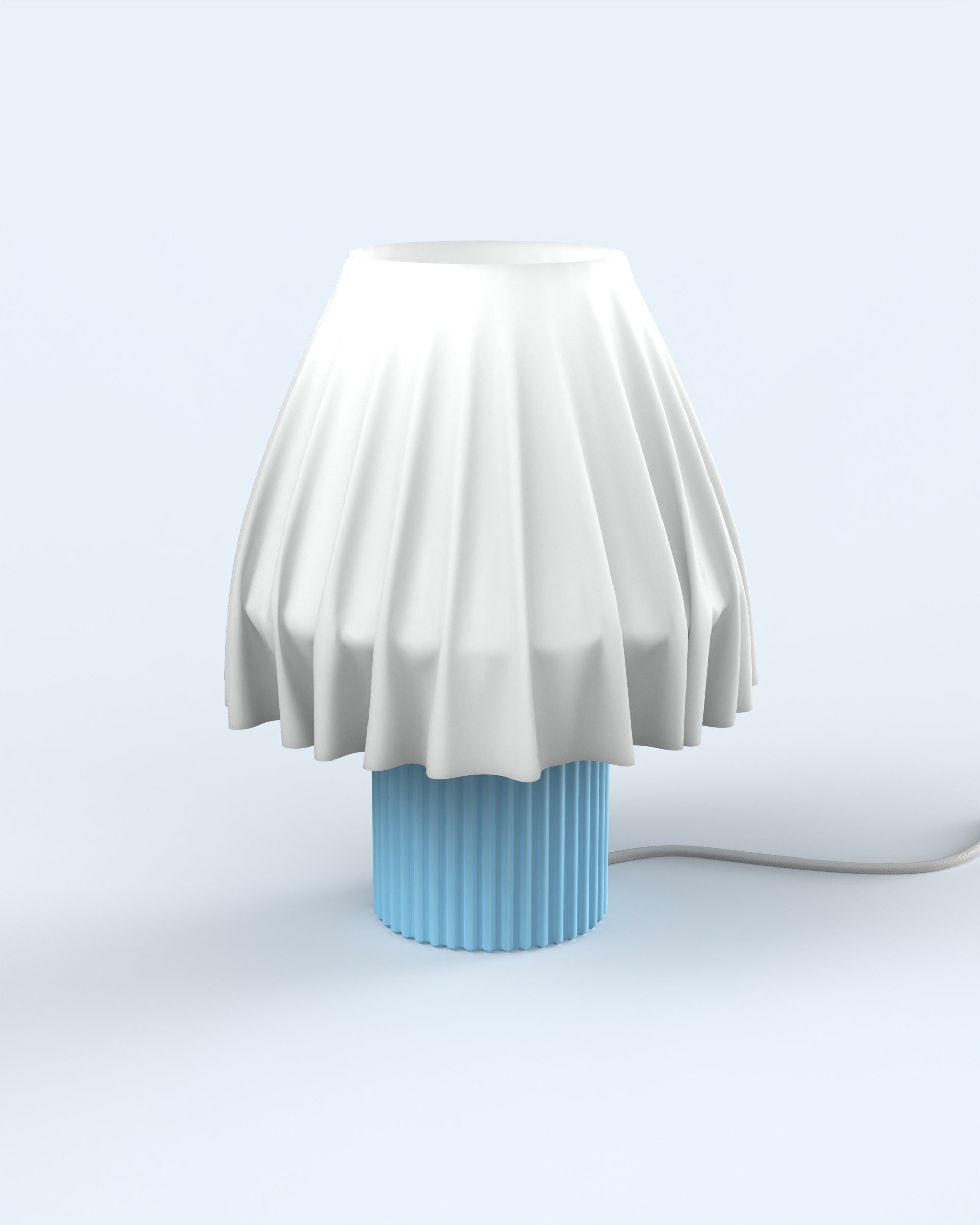 The Volute - Azur table lamp by Mouchoir, featuring a digital craft design mimicking frozen silk fabric.