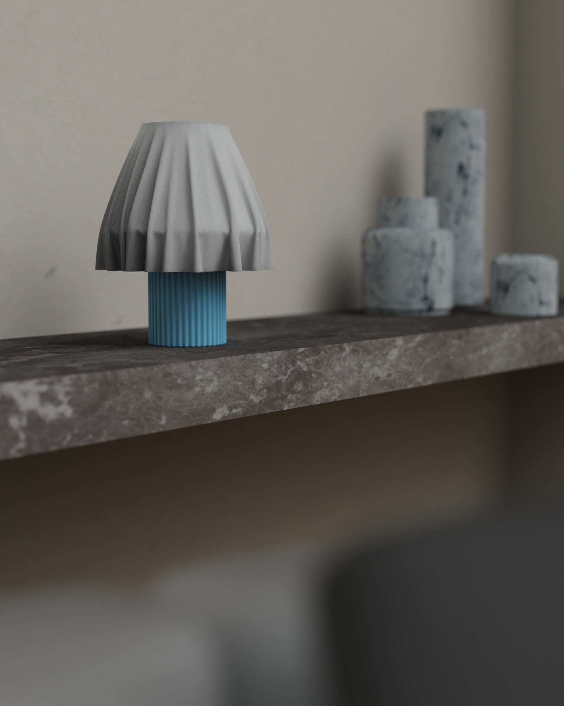 The Volute - Azur table lamp by Mouchoir, featuring a digital craft design mimicking frozen silk fabric on a marble surface.