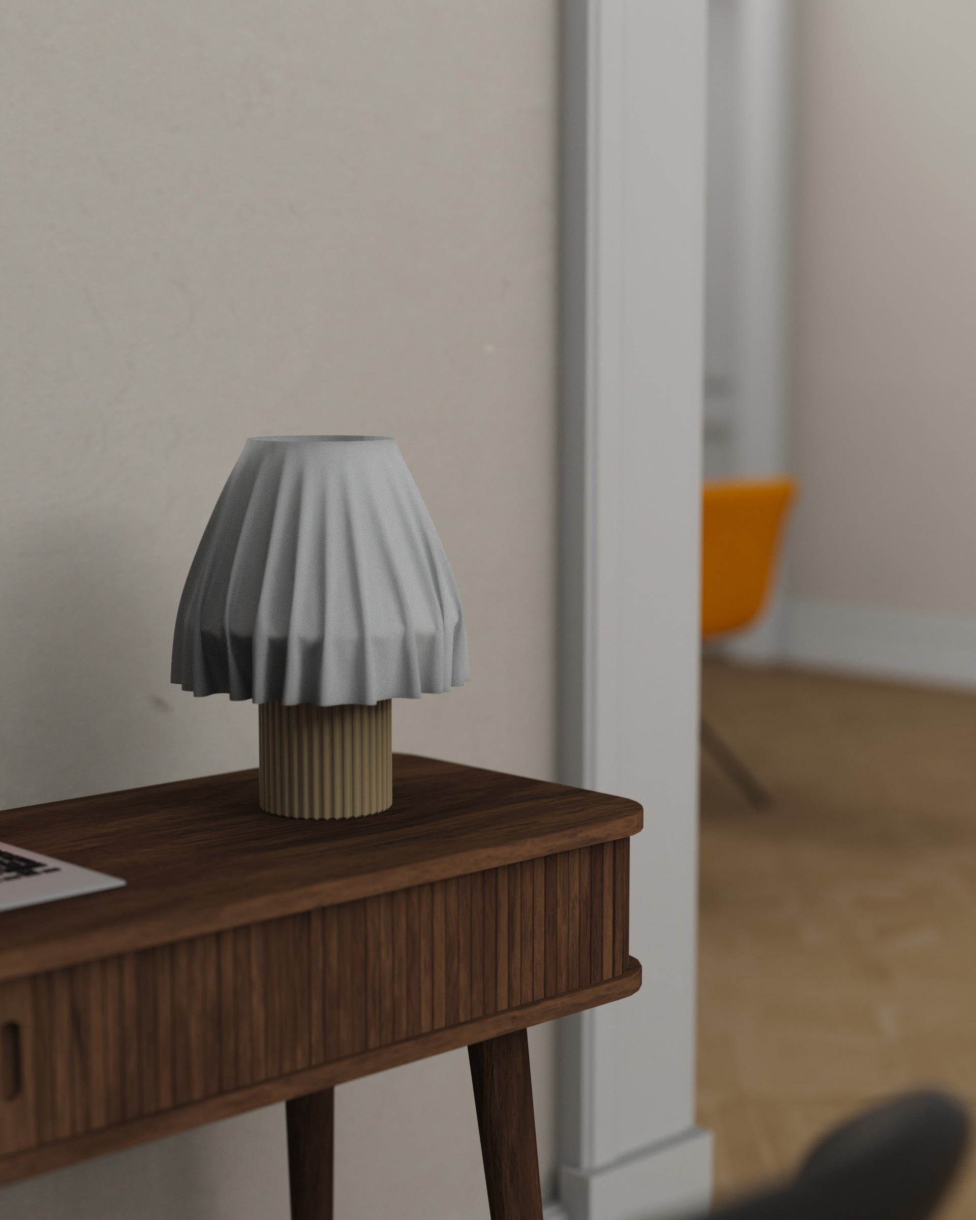 The Volute - Solar table lamp by Mouchoir, featuring a digital craft design mimicking frozen silk fabric on a wooden surface.