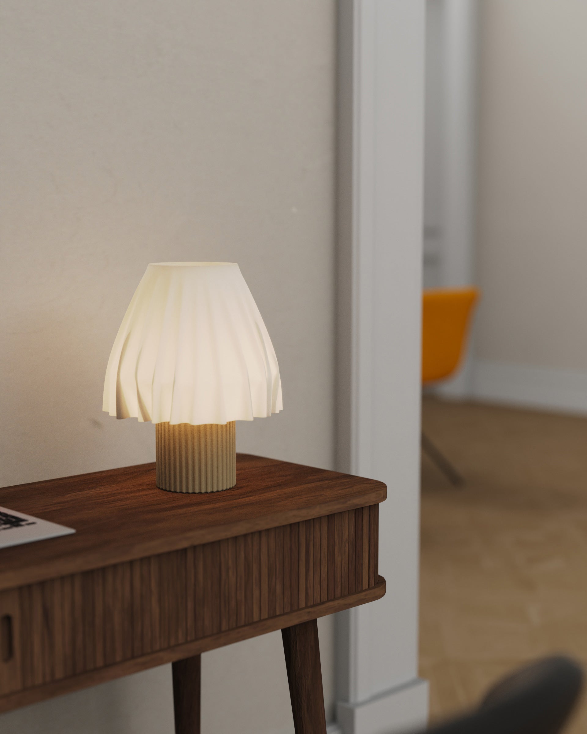 The Volute - Solar table lamp by Mouchoir, featuring a digital craft design mimicking frozen silk fabric on a wooden surface.