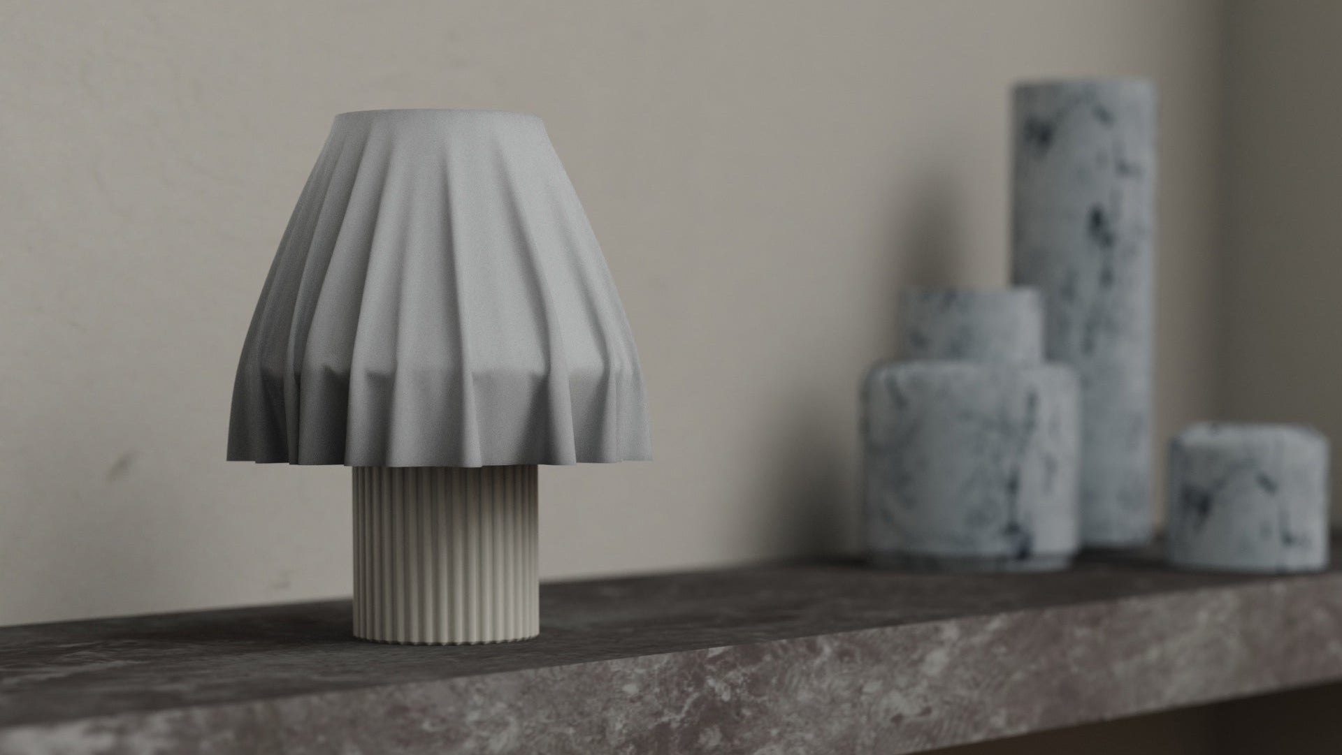 The Volute - Ivory table lamp by Mouchoir, featuring a digital craft design mimicking frozen silk fabric on a marble surface.