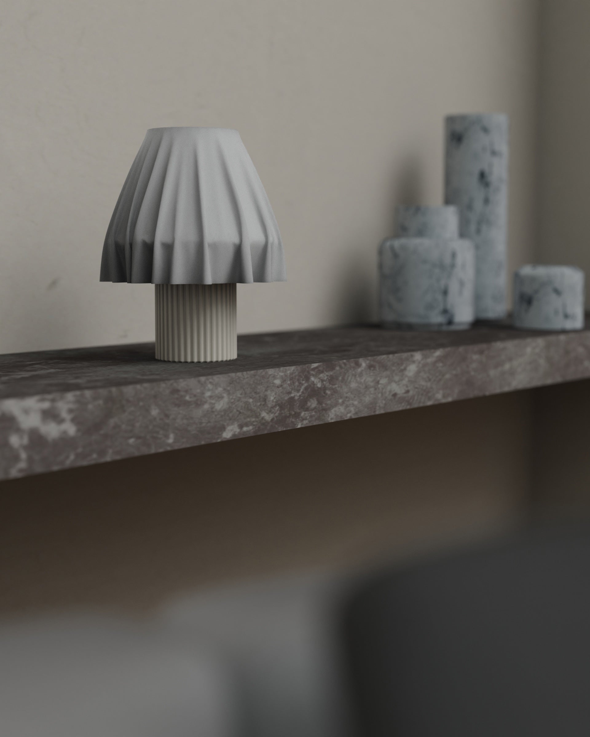 The Volute - Ivory table lamp by Mouchoir, featuring a digital craft design mimicking frozen silk fabric on a marble surface.