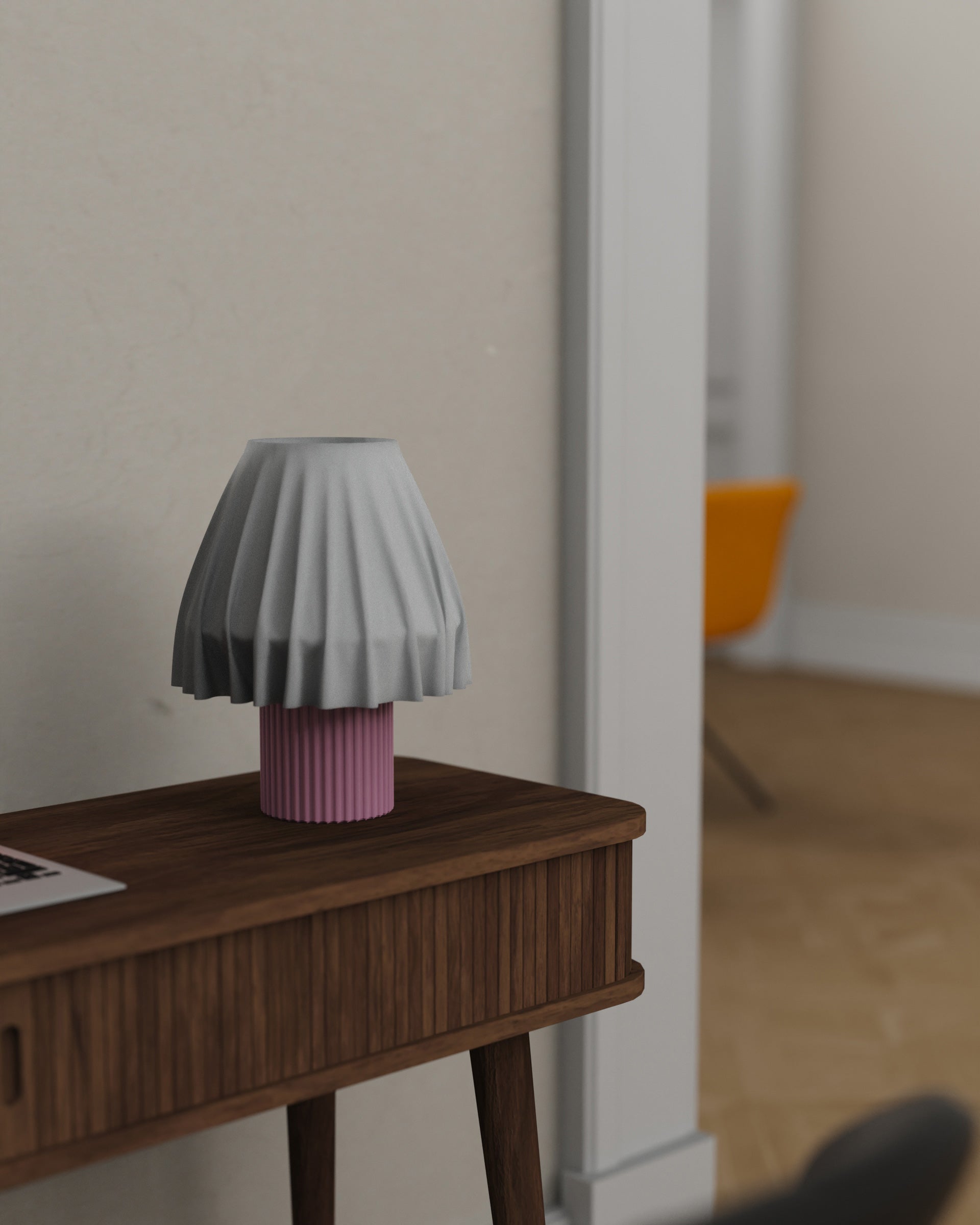 The Volute - Petal table lamp by Mouchoir, featuring a digital craft design mimicking frozen silk fabric on a table.