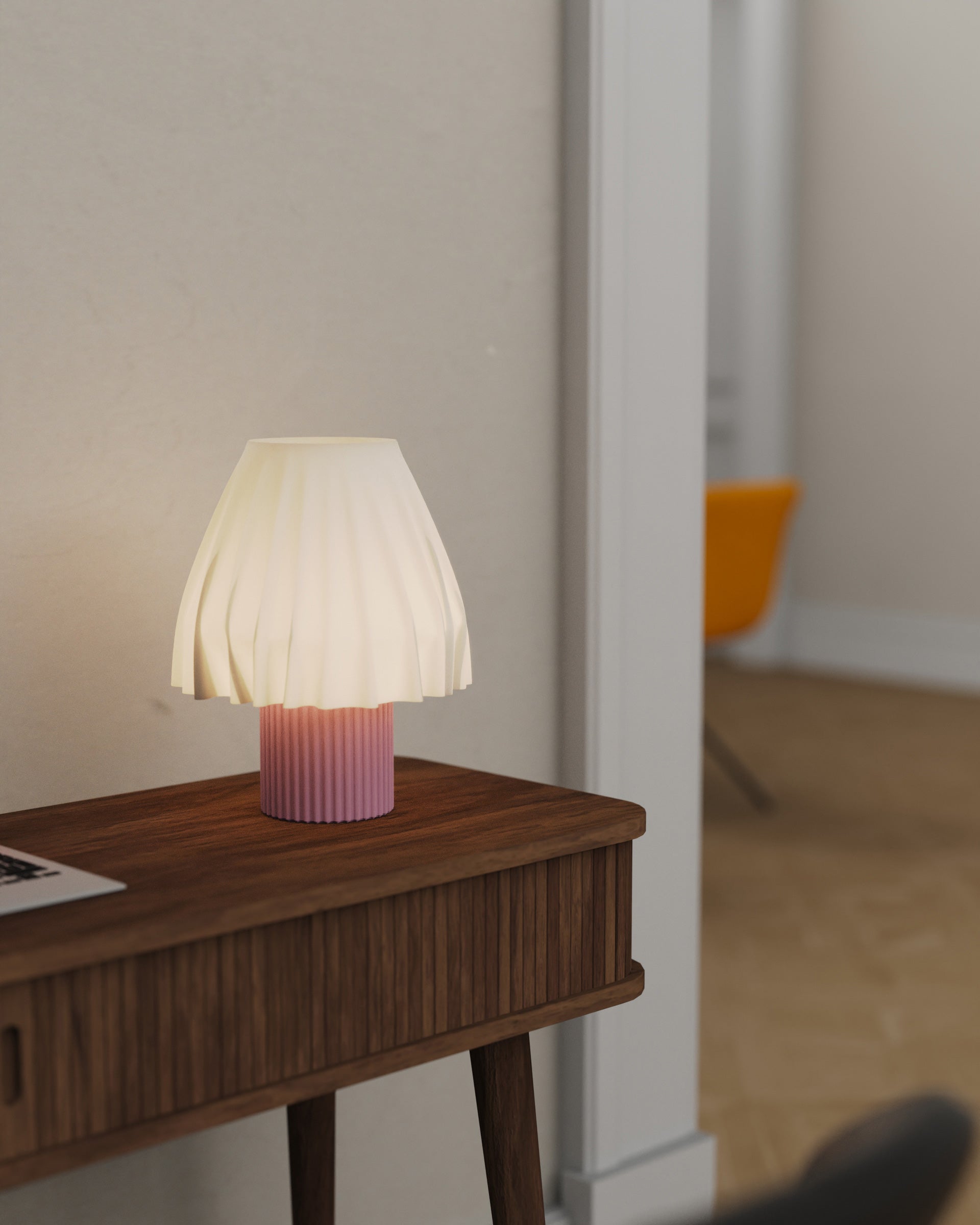 The Volute - Petal table lamp by Mouchoir, featuring a digital craft design mimicking frozen silk fabric on a table.