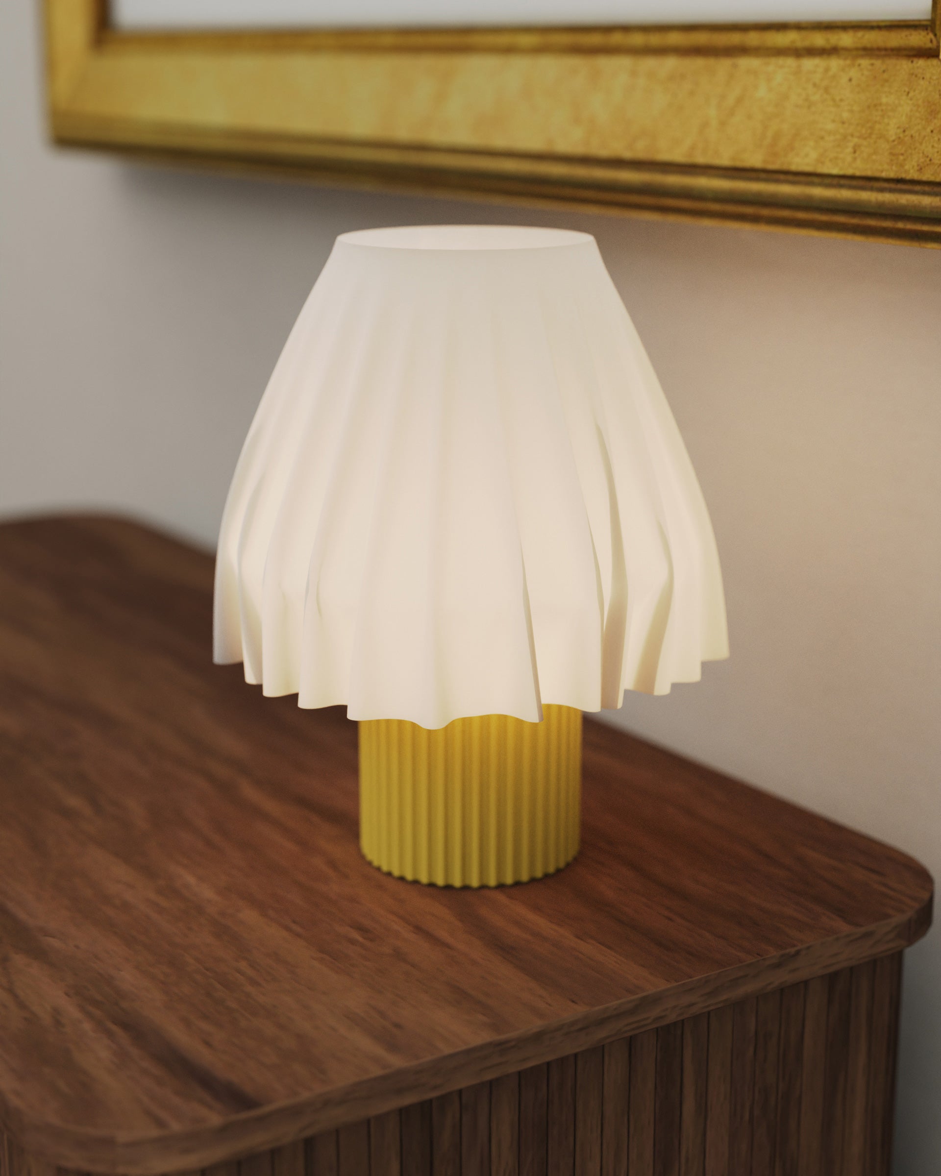 Sculptural Volute - Solar table lamp by Mouchoir with organic 3D-printed drapes, elegantly placed on a minimalist table