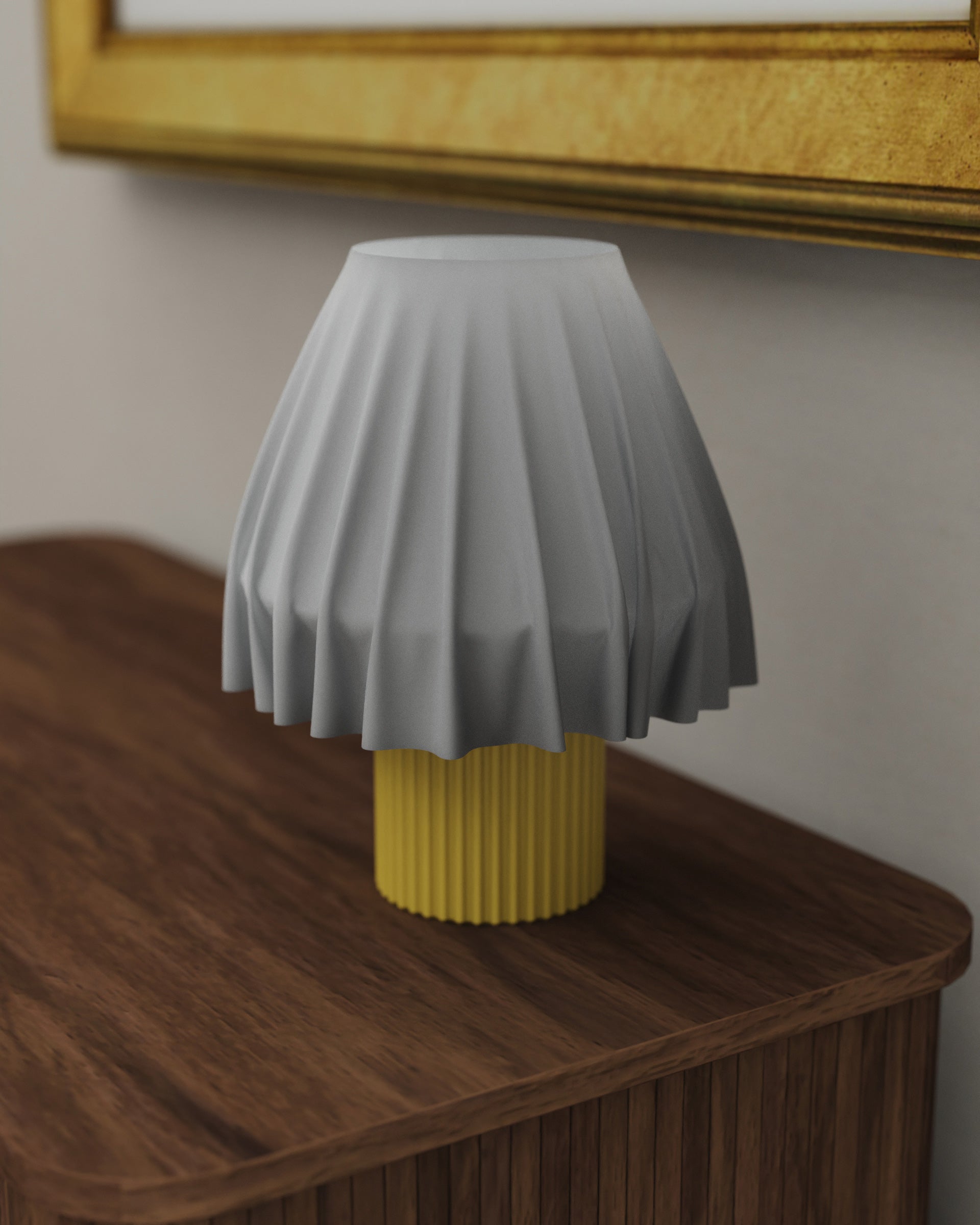 Sculptural Volute - Solar table lamp by Mouchoir with organic 3D-printed drapes, elegantly placed on a minimalist table